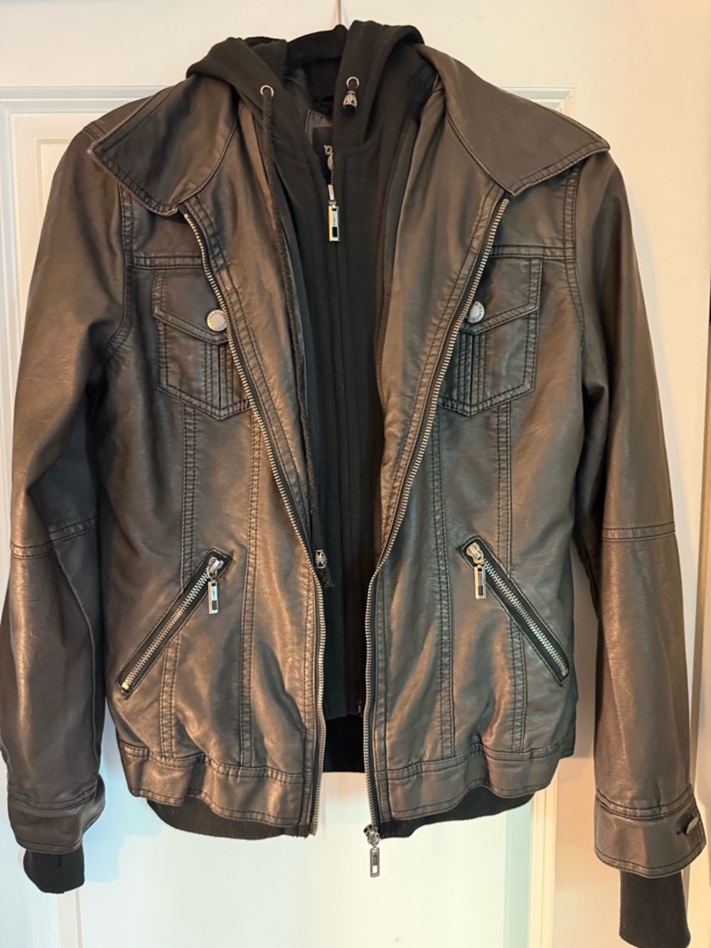 Black Faux Leather Zip Jacket with Hooded Insert